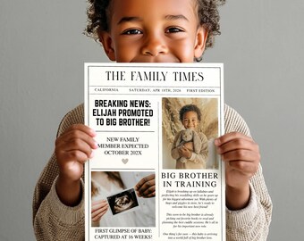 Big Brother Pregnancy Announcement Newspaper Template - Second Pregnancy Announcement - Promoted To Big Brother To Be - Baby Coming Soon NP5
