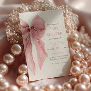 Pink Bow Baby Shower Invitation - Bows and Pearls Baby Shower Invitation- Coquette Bow Baby Shower Invitation - Girl Baby Shower - Pink Bow Baby Shower Invite- Elegant Vintage Baby Shower - Big Bow Baby Shower Theme -Sweet Little Baby Girl Shower BS164