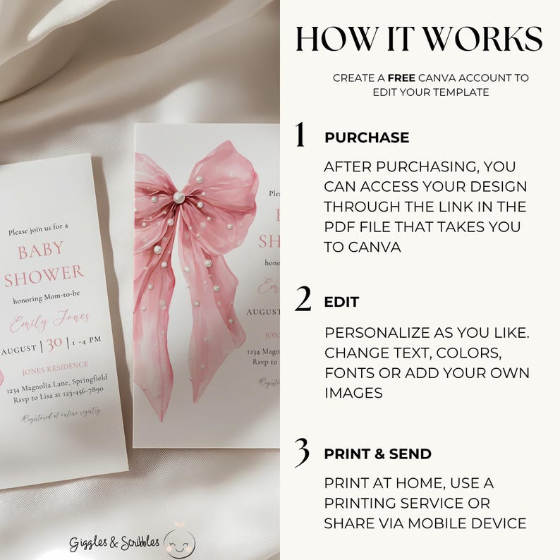 Pink Bow Baby Shower Invitation - Bows and Pearls Baby Shower Invitation- Coquette Bow Baby Shower Invitation - Girl Baby Shower - Pink Bow Baby Shower Invite- Elegant Vintage Baby Shower - Big Bow Baby Shower Theme -Sweet Little Baby Girl Shower BS164