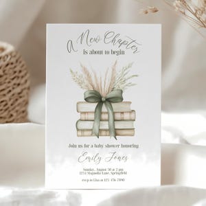 Storybook Baby Shower Invitation, A New Chapter is About To Begin Invite Boho Green Gender Neutral Book Themed Girl Boy Baby Shower BS72