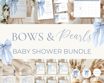 May include: A baby shower bundle with a blue bow and pearl theme. The set includes invitations, thank you cards, a welcome sign, water bottle labels, cupcake toppers, and a calendar. The text includes "Bows & Pearls" and "Baby Shower Bundle".