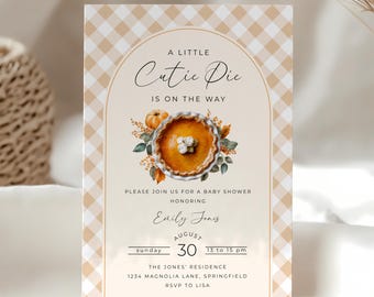 Invitación para baby shower "Pequeña preciosidad" - Invitación editable para baby shower "Una pequeña preciosidad está en camino" - Plantilla de otoño con calabazas a cuadros BS207