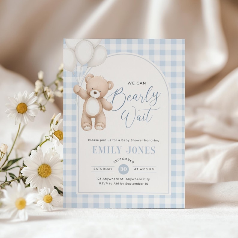 Blue Teddy Bear Baby Shower Invitation - Editable We Can Bearly Wait Baby Shower Invite Boy - Blue Gingham Invite Template Digital Evite - Teddy Bear Balloons Boho BS295