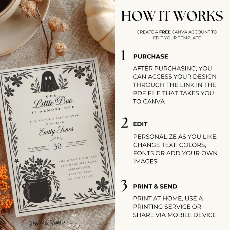 A Little Boo is Almost Due Halloween Baby Shower Invitation - Spooky Gender Reveal Black Floral Gothic Invite - Cute Spooky Baby Shower Invitation - A Little Boo Baby Shower Invite BS219