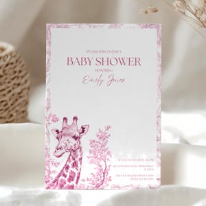 Pink Toile de Jouy Baby Shower Invitation Safari Animal Giraffe, Jungle Theme Invite, Coquette Chinoiserie, Baby Girl Template BS16