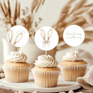 May include: Three white cupcake toppers with brown bunny ears and the text "Somebunny is on the way". The toppers are on top of cupcakes with white frosting.