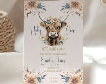 Highland Cow Baby Shower Invitation: Boho Floral, Neutral (Editable Template)