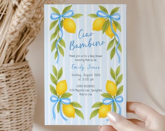 Ciao baby showeruitnodiging - blauwe citroen babyshoweruitnodiging jongen - bewerkbare Italiaanse zomer babyshower afdrukbare sjabloon BS173