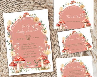 Mushroom Baby Shower Invitation Bundle: Woodland Theme (Editable Template)