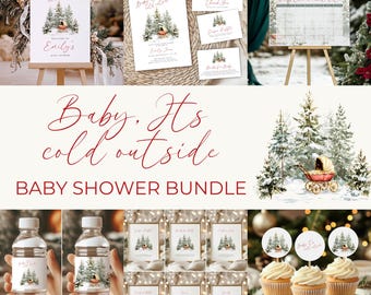 Baby Its Cold Outside Baby Shower Bundle - Winter Wonderland Baby Shower Bundle Christmas Decor - Snowflake Pine Trees Baby Invitation BS228