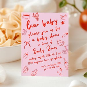 Italienische Babypartyeinladung, Ciao Baby Hand gezeichnet mediterranes Thema, Mittagessen Abendessen Party laden Vorlage ein, rosa Mädchen-Dusche Bambina BS119