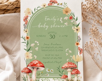 Mushroom Baby Shower Invitation, A Little Fungi Neutral Green Baby Shower Invite, Cottagecore Enchanted Forest Shower Woodland Template BS82