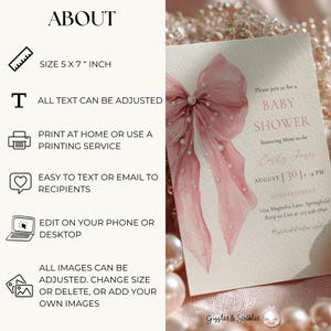 Pink Bow Baby Shower Invitation - Bows and Pearls Baby Shower Invitation- Coquette Bow Baby Shower Invitation - Girl Baby Shower - Pink Bow Baby Shower Invite- Elegant Vintage Baby Shower - Big Bow Baby Shower Theme -Sweet Little Baby Girl Shower BS164