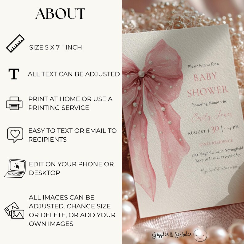 Pink Bow Baby Shower Invitation - Bows and Pearls Baby Shower Invitation- Coquette Bow Baby Shower Invitation - Girl Baby Shower - Pink Bow Baby Shower Invite- Elegant Vintage Baby Shower - Big Bow Baby Shower Theme -Sweet Little Baby Girl Shower BS164
