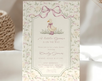 Vintage Floral Baby Shower Invitation -  Coquette Grandmillennial Little Goose Invite - Editable Sage Green Dusty Pink Bow Shower BS150