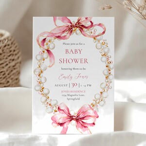 Editable Pink Bow Baby Shower Invitation - Bows and Pearls Baby Shower Invite - Coquette Bow Girl Baby Shower - Elegant Vintage Luxury BS162