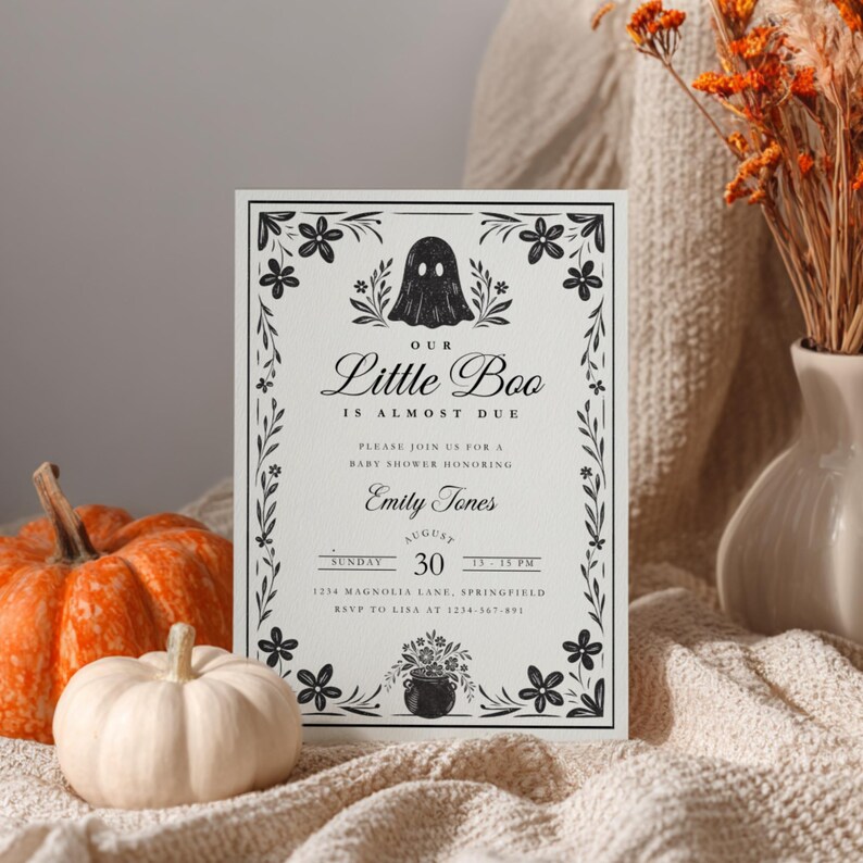 A Little Boo is Almost Due Halloween Baby Shower Invitation - Spooky Gender Reveal Black Floral Gothic Invite - Cute Spooky Baby Shower Invitation - A Little Boo Baby Shower Invite BS219