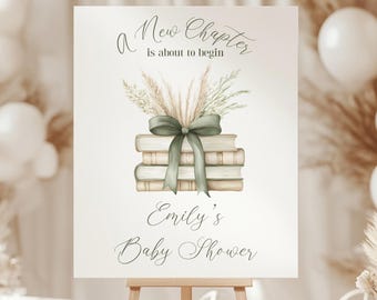 Storybook Baby Shower Willkommensschild, A New Kapitel ist gleich Dekorationen Boho Grün Gender Neutral Buch Themed Boy Baby Shower BS72