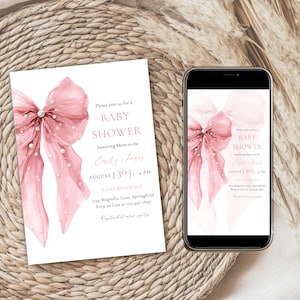 Rosa Bogen-Babyparty-Einladungs-Bündel - Bögen und Perlen-Babyparty-Einladung - Kokette Bogen-Mädchen-Dusche-Set - Elegante bearbeitbare Evite BS164
