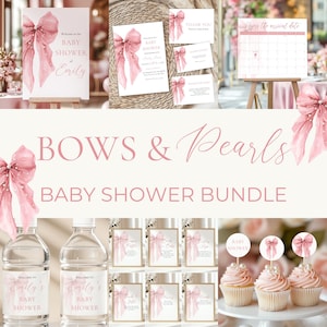 Rosa Schleife Babyparty Bundle - Bögen und Perlen Babyparty Bundle - Kokette Schleife Mädchen Babyparty Set - Elegante bearbeitbare Vorlagen BS164