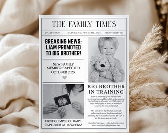 Big Brother Announcement Newspaper Template - Foldable Second Pregnancy Announcement - Promoted To Big Brother To Be -  Baby Coming Soon NP3