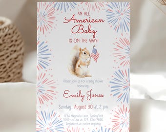 Patriotic Baby Shower Invitation - All American Baby Shower Invite - Editable 4th of July Shower Template - Red White and Due Shower BS148