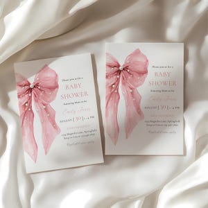Pink Bow Baby Shower Invitation - Bows and Pearls Baby Shower Invitation- Coquette Bow Baby Shower Invitation - Girl Baby Shower - Pink Bow Baby Shower Invite- Elegant Vintage Baby Shower - Big Bow Baby Shower Theme -Sweet Little Baby Girl Shower BS164