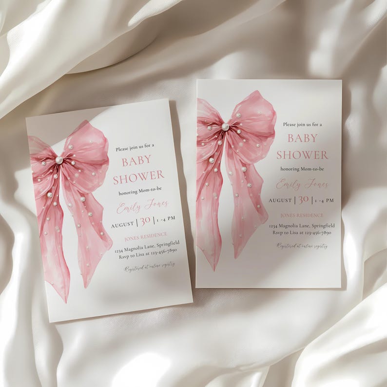 Pink Bow Baby Shower Invitation - Bows and Pearls Baby Shower Invitation- Coquette Bow Baby Shower Invitation - Girl Baby Shower - Pink Bow Baby Shower Invite- Elegant Vintage Baby Shower - Big Bow Baby Shower Theme -Sweet Little Baby Girl Shower BS164