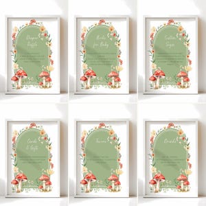 Editable Mushroom Baby Shower Table Signs -  Little Fungi Wildflower Baby Shower Template Green - Woodland Forest Garden Shower Decor BS82