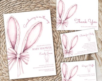 Some Bunny Baby Shower Invitation Suite, Somebunny Is On the Way Invite Bundle, Pink Girl Baby Shower Coquette Bow Easter Sprinkle Boho BS76