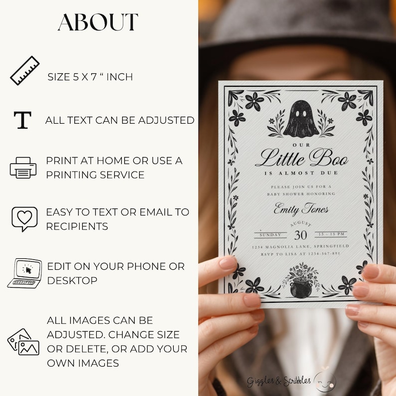 A Little Boo is Almost Due Halloween Baby Shower Invitation - Spooky Gender Reveal Black Floral Gothic Invite - Cute Spooky Baby Shower Invitation - A Little Boo Baby Shower Invite BS219