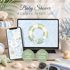 Puede incluir: Un portátil y un smartphone muestran una plantilla de sitio web para baby shower con temática de playa. La pantalla del portátil muestra un flotador inflable verde y blanco con el texto "tap to splash". El teléfono muestra diseños de invitaciones para baby shower. Las palabras "Baby Shower WEBSITE TEMPLATE" están en la parte superior.