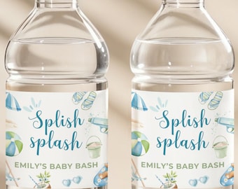 Splish Splash Baby Shower Water Bottle Labels  - Pool Baby Shower - Splish Splash Baby Bash - Blue Summer Editable Boy Shower Template BS142