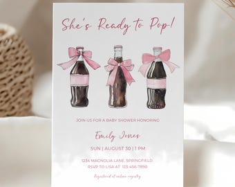 Invitación para baby shower "Está lista para estallar" - Tema de botella de refresco rosa (plantilla editable)
