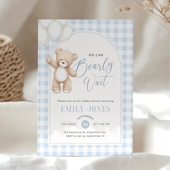 Blue Teddy Bear Baby Shower Invitation - Editable We Can Bearly Wait Baby Shower Invite Boy - Blue Gingham Invite Template Digital BS295