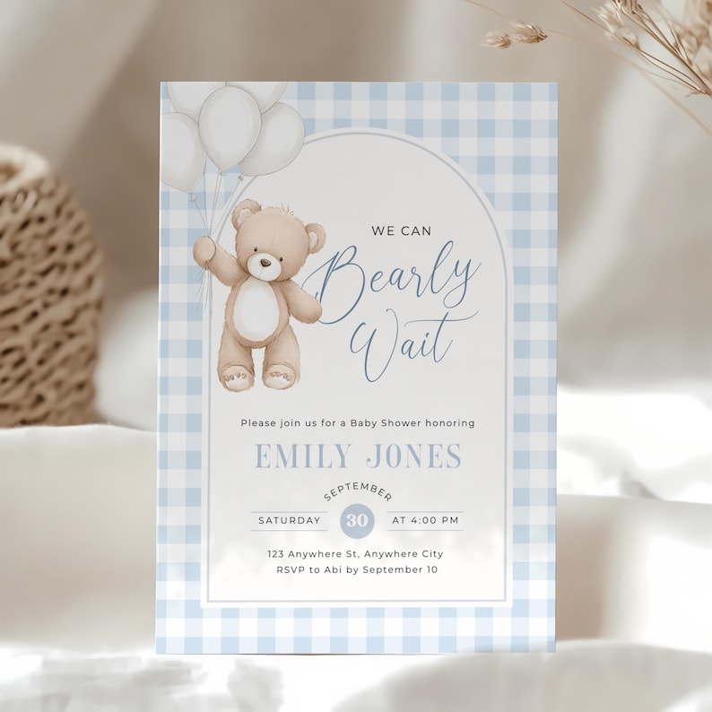 Blue Teddy Bear Baby Shower Invitation - Editable We Can Bearly Wait Baby Shower Invite Boy - Blue Gingham Invite Template Digital Evite - Teddy Bear Balloons Boho BS295