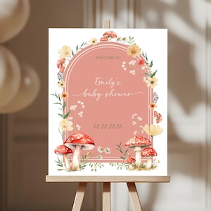 Cartello di benvenuto per baby shower A Little Fungi, decorazioni per baby shower con funghi rossi neutri, modello Cottagecore Enchanted Forest Woodland BS82
