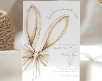 Some Bunny Baby Shower Invitation, Somebunny Is On the Way Invite, Beige Neutral Baby Shower Coquette Bow Easter Sprinkle Bunny Invite BS76