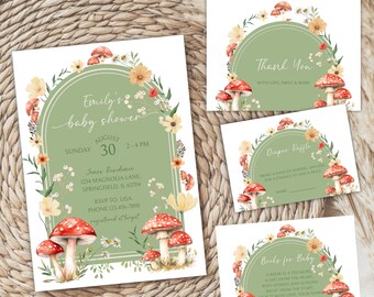 Mushroom Fall Baby Shower Invitation Bundle - Green Mushroom Baby Shower Invite Set - Gender Neutral Woodland Garden Party Invitation BS82