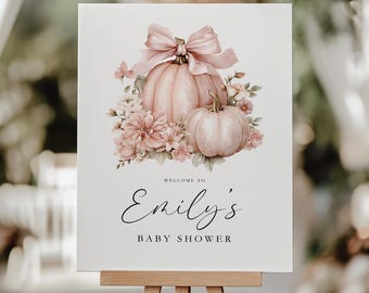 Pink Bow Pumpkin Baby Shower Welcome Sign - Floral Pink Bow Coquette - Editable A Little Pumpkin Baby Shower Sign Dusty Pink Template BS233