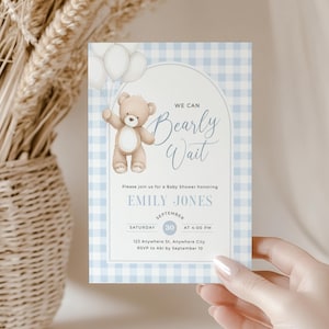 Blue Teddy Bear Baby Shower Invitation - Editable We Can Bearly Wait Baby Shower Invite Boy - Blue Gingham Invite Template Digital Evite - Teddy Bear Balloons Boho BS295