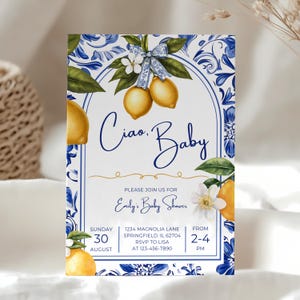 Mediterrane Zitrone-Babyparty-Einladung, Zitrus-Babyparty-Einladung Amalfiküste-blaue Fliesen gelb Gender Neutral Party Printable BS102