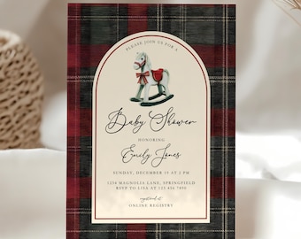 Rocking Horse Baby Shower Invite Template - Plaid Baby Shower Invitation Equestrian Tartan - Rustic Rocking Horse Invitation Girl Boy BS269