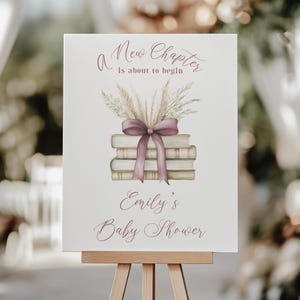 A New Chapter is About To Begin Baby Shower Welcome Sign, Her Next Chapter Storybook Decorations Boho Pink Book Themed Girl Baby Shower BS72