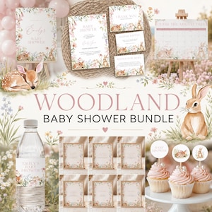 Puede incluir: Un paquete para baby shower con temática de bosque que incluye ilustraciones de flores y animales. Contiene un letrero de bienvenida, invitación, tarjeta de agradecimiento, rifa de pañales, tarjetas de libros, calendario y adornos.