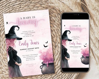 Paquete de invitaciones para baby shower de Halloween: Un bebé está gestando un set de invitaciones espeluznantes para baby shower. Tema de bruja editable. Baby shower de octubre BS200.