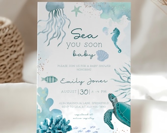 Sea you soon babyshower uitnodiging, nautische baby is onderweg babyshower uitnodigen, Under The Sea Animals babyshower zomer oceaan BS158