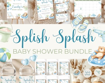 Splish Splash Baby Shower Bundle - Pool Baby Shower Decor - Splish Splash Baby Bash - Beach Blue Summer Editable Boy Shower Template BS142