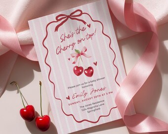 Cherry Baby Shower Invitation - Cherry on Top Invite - Editable Baby Shower Invite Coquette Pink Bow Berries Minimal Girl Baby Shower BS177