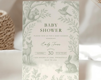Woodland Baby Shower Invitation - Green Toile Baby Shower Invite Boy Girl - Editable Forest Animal Template - Squirrel Deer Bunny Bird BS255